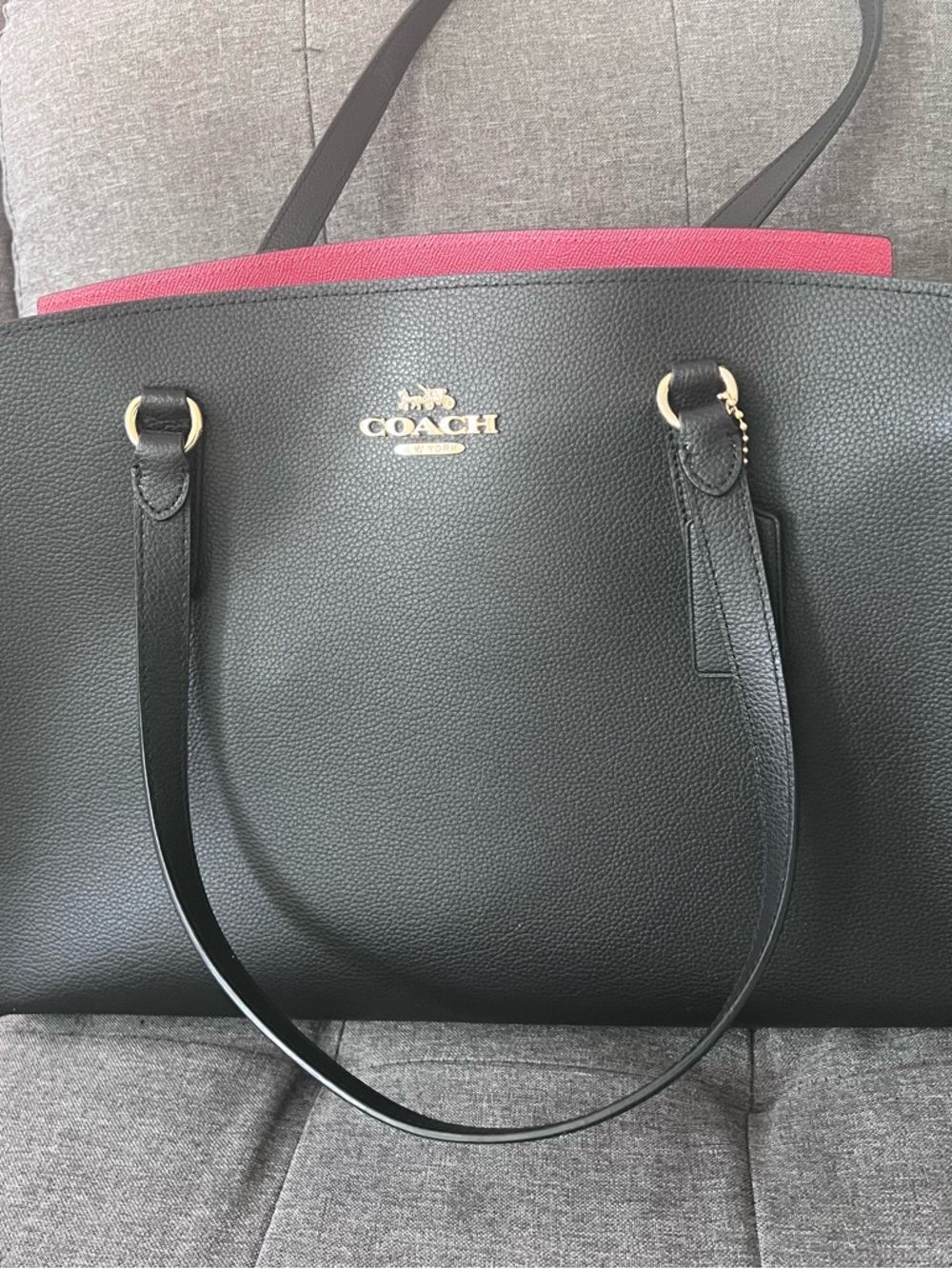 Coach Black Pebbled Leather Tote with Pink Trim